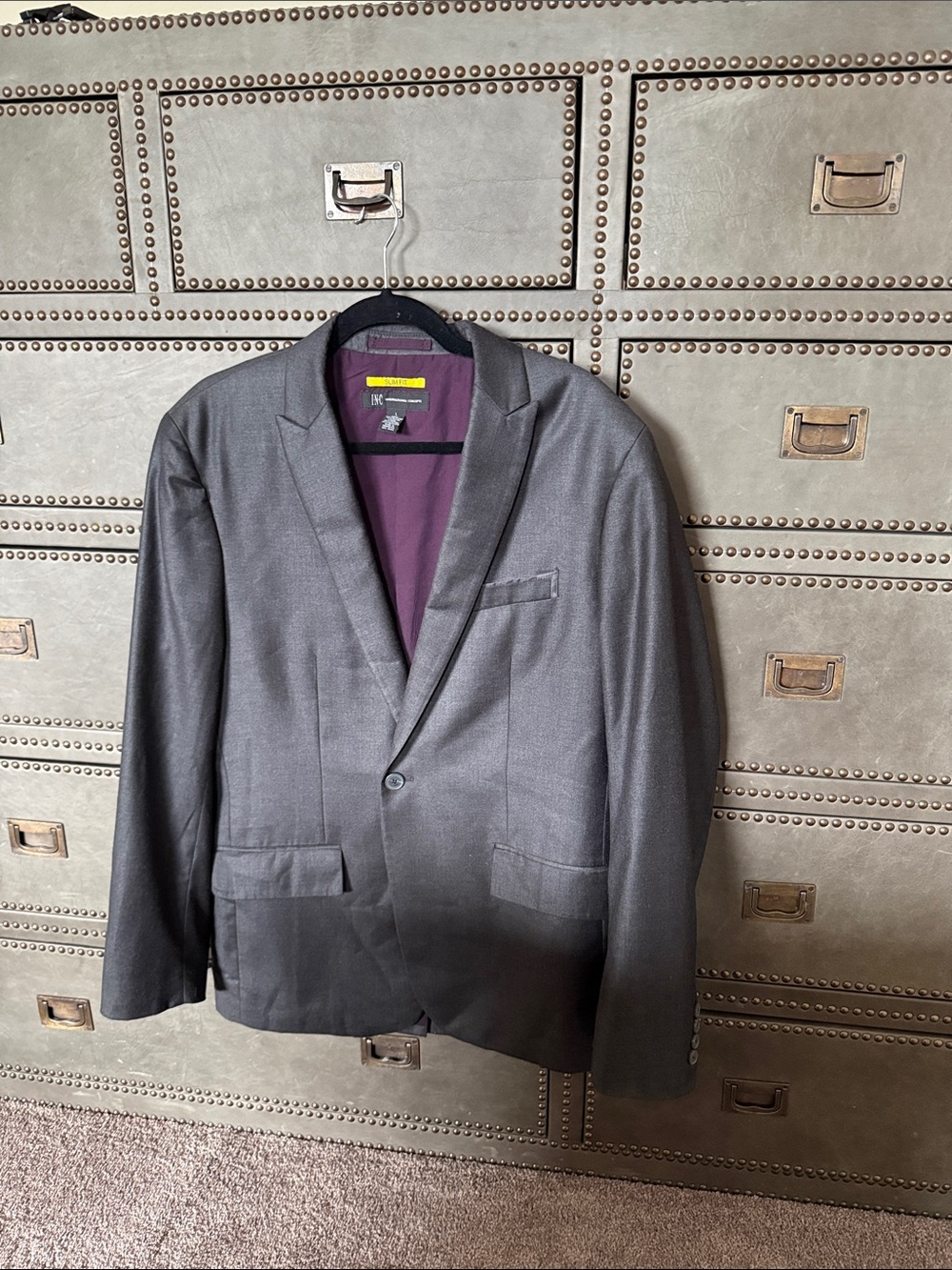 INC International Concepts Charcoal Sport Coat with Plum Lining